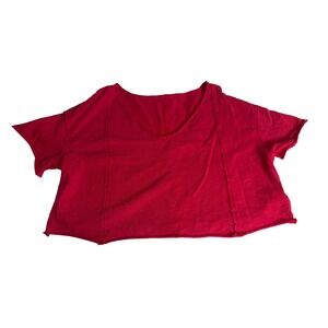 Red Crop Top‎ V Neck Raw Hem Short Sleeve Boxy Tee Medium